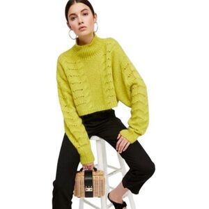 Free People | Womens Chartreuse Mock Neck Wool/Mohair Blend Cable Knit Sweater M